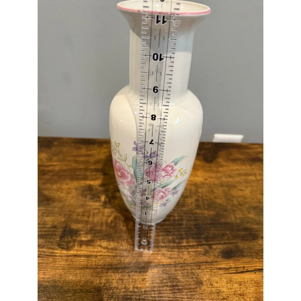 Lozapenco‎ Chile Vintage Floral Ceramic Vase Pink Peony White 11 Inch Baluster